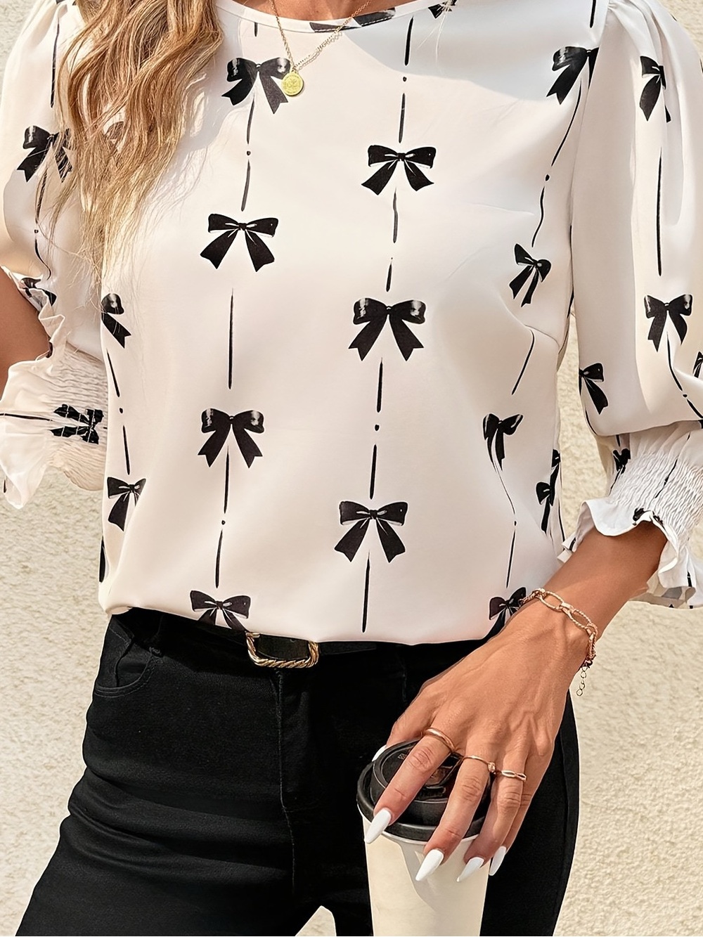 Ivory Blouse with Black Bow Print